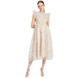 En Saison La Raque Floral Cream Smocked Organza Midi Dress